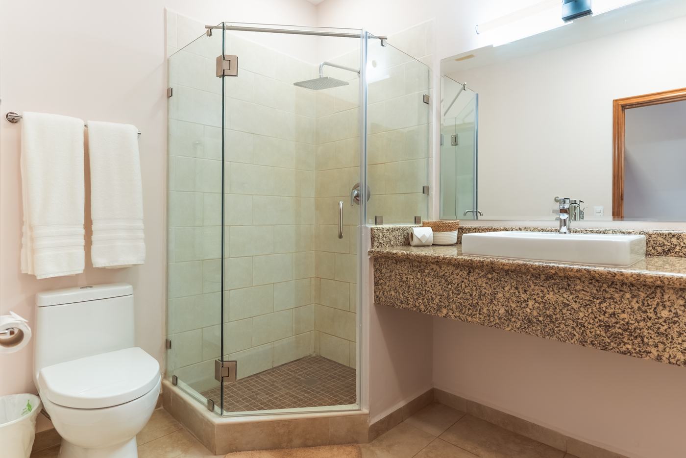 Baño privado de granito con ducha de lluvia