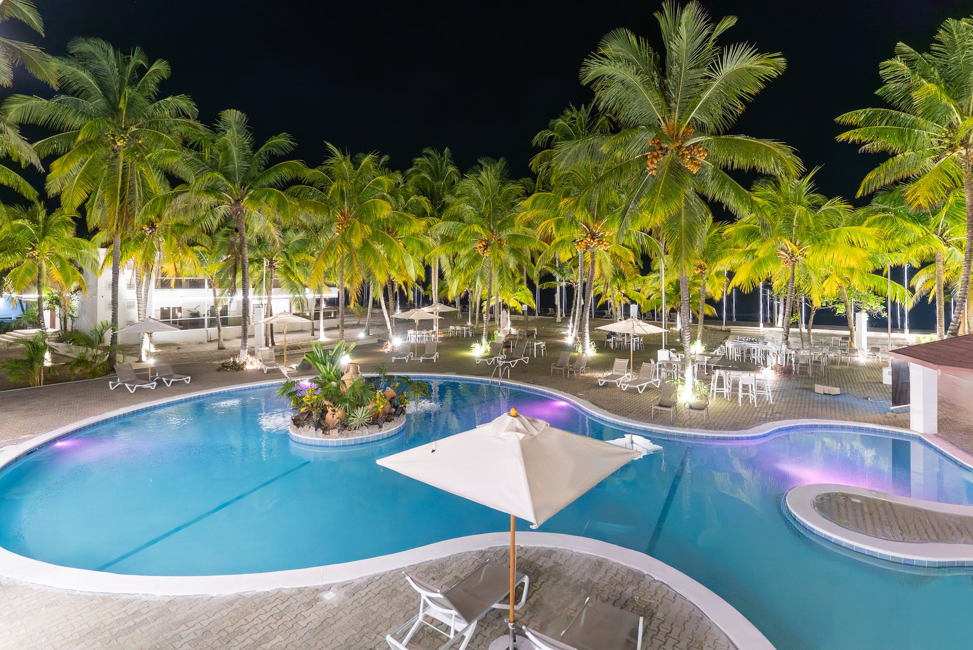 Piscina iluminada entre palmeras de noche